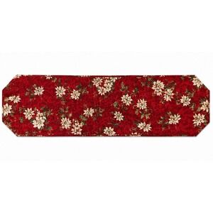 Vintage Quilted Christmas Table Runner 69" Poinsettia Holly Red Holiday Décor